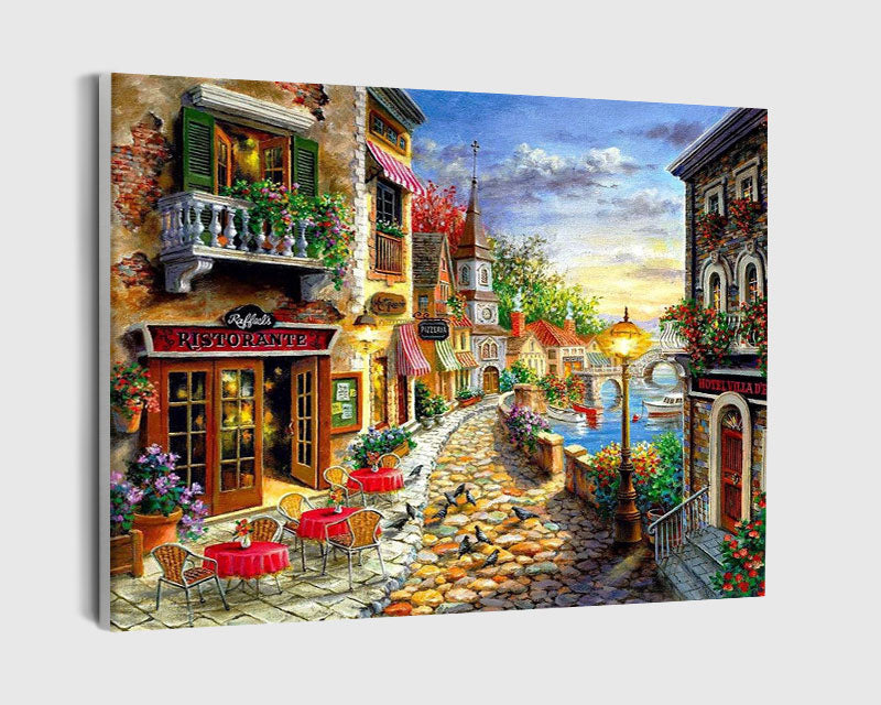 Paint By Numbers - Painting Of A Street With A Building And A Lake - Framed- 40x50cm - Arterium