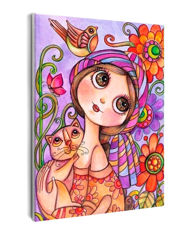 Paint By Numbers - Cartoony Girl Holding A Cat With Flowers On The Background - Framed- 40x50cm - Arterium