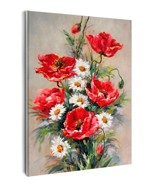Paint By Numbers - Camomiles And Poppies Close Up - Framed- 40x50cm - Arterium
