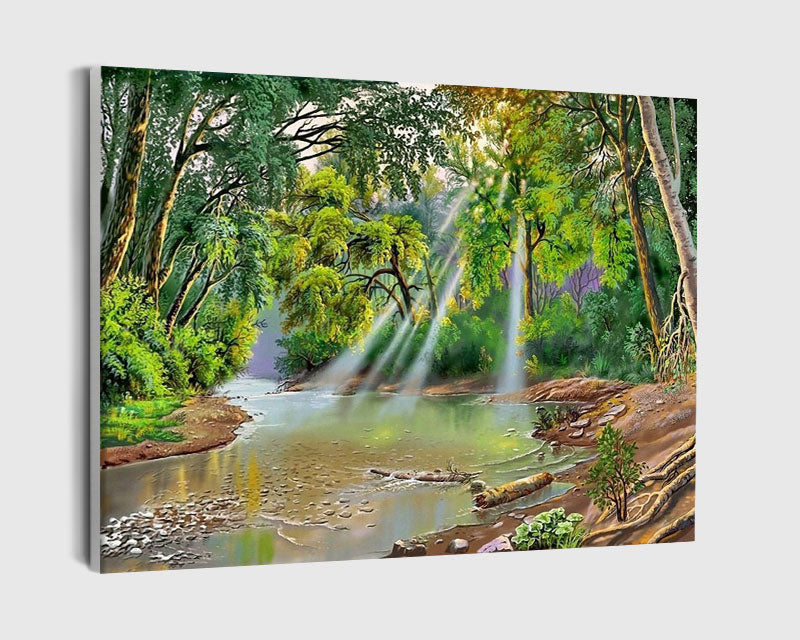 Paint By Numbers - Stream With Trees And Water - Framed- 40x50cm - Arterium
