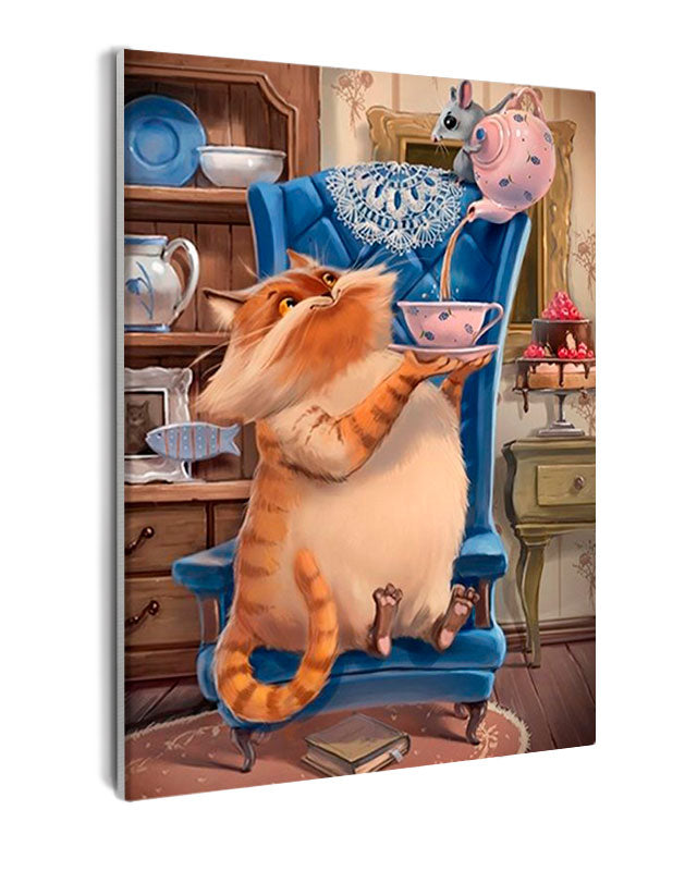 Paint By Numbers - Cartoony Cat Drinking Tea - Framed- 40x50cm - Arterium
