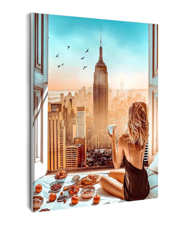 Paint By Numbers - Young Woman Admiring New York City View - Framed- 40x50cm - Arterium