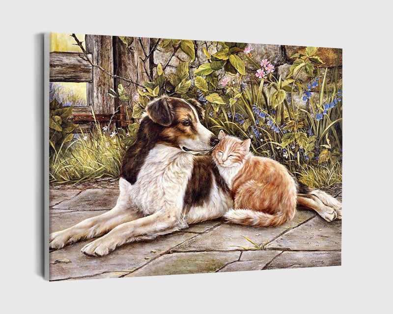 Paint By Numbers - Dog And Cat Lying On A Stone Surface - Framed- 40x50cm - Arterium