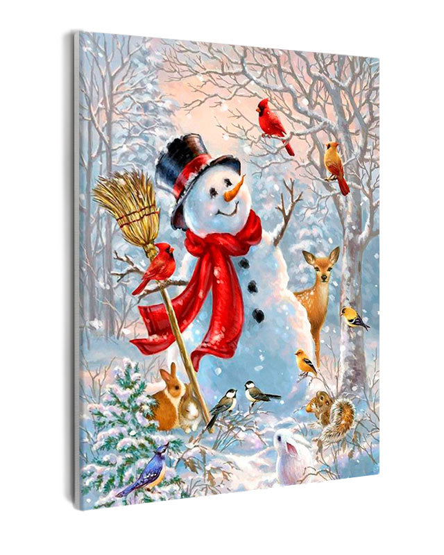 Paint By Numbers - Snowman With A Tophat Holding A Broom - Framed- 40x50cm - Arterium