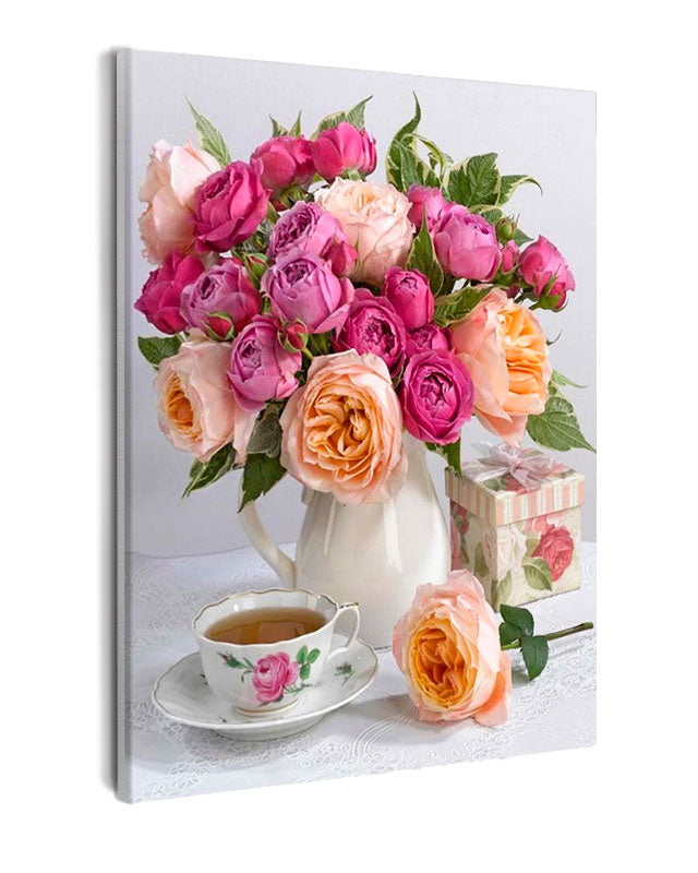 Paint By Numbers - Bouquet Of Flowers In A White Vase Next To A Teacup And A Gift Box - Framed- 40x50cm - Arterium