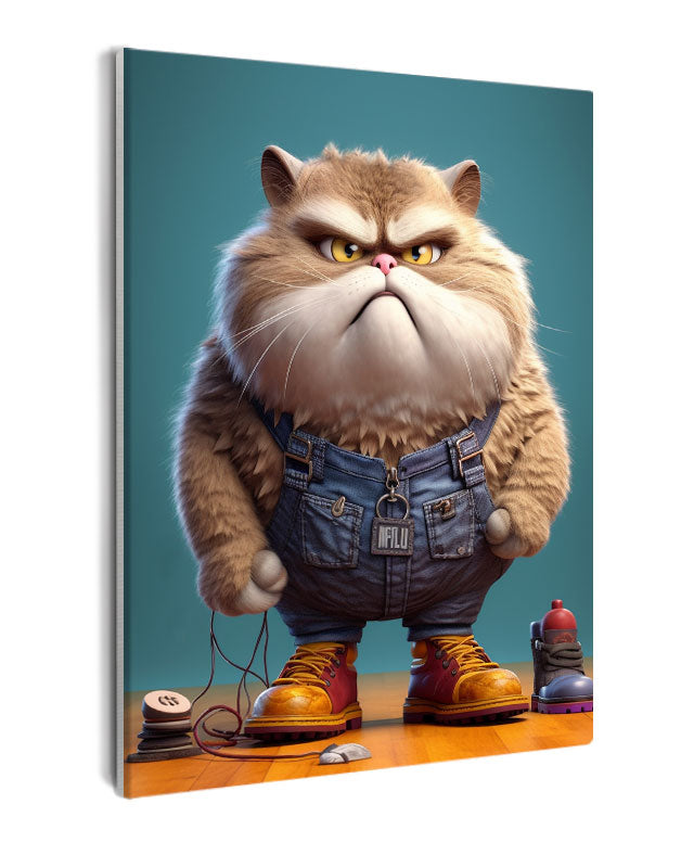 Paint By Numbers - Serious Fluffy Cartoon Cat In Blue Overalls: A Playful Illustration - Framed- 40x50cm - Arterium
