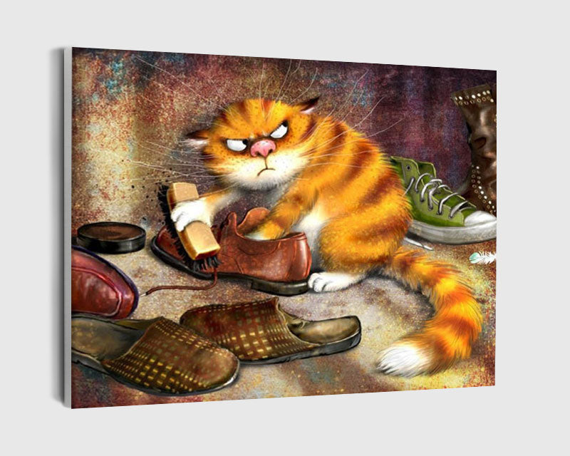 Paint By Numbers - Cat Shining A Shoe - Framed- 40x50cm - Arterium