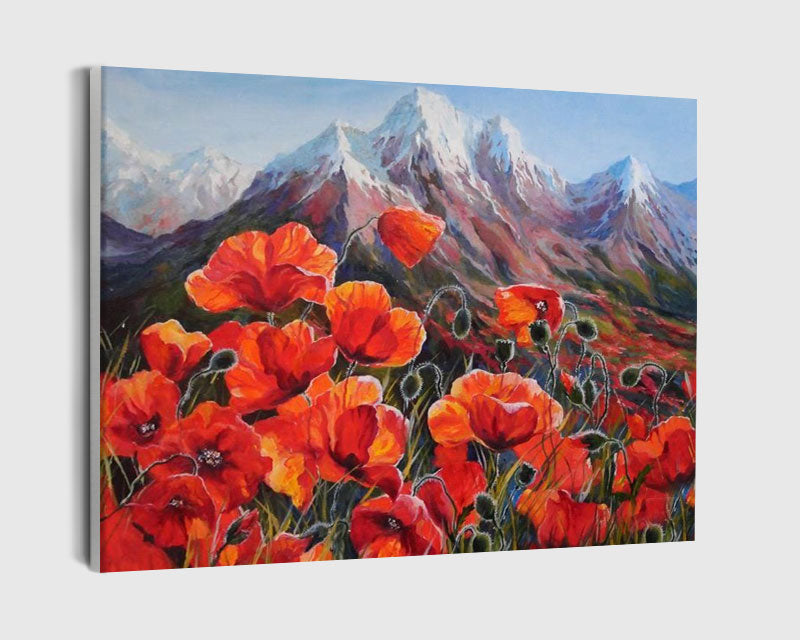 Paint By Numbers - Red Flowers And Mountains - Framed- 40x50cm - Arterium