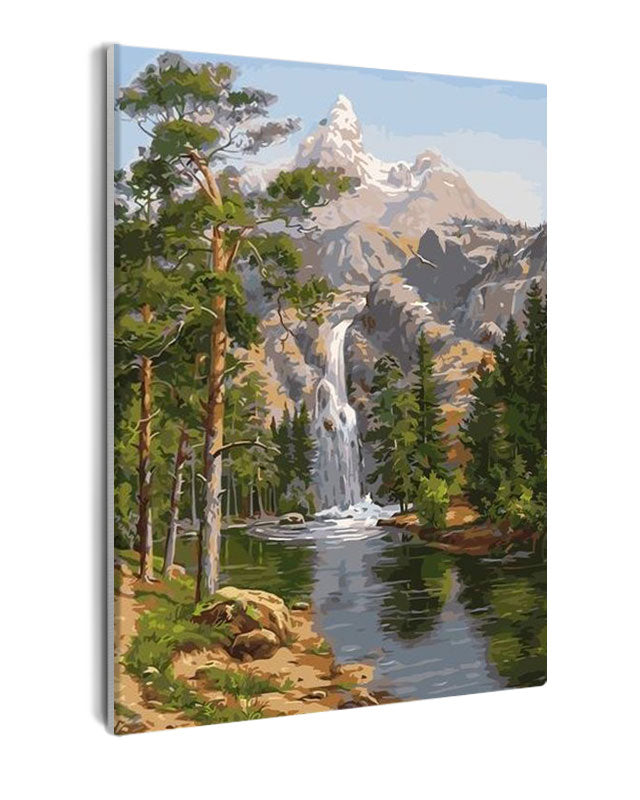 Paint By Numbers - Serene Mountain Landspace Painting With River, Trees, And Waterfall - Framed- 40x50cm - Arterium
