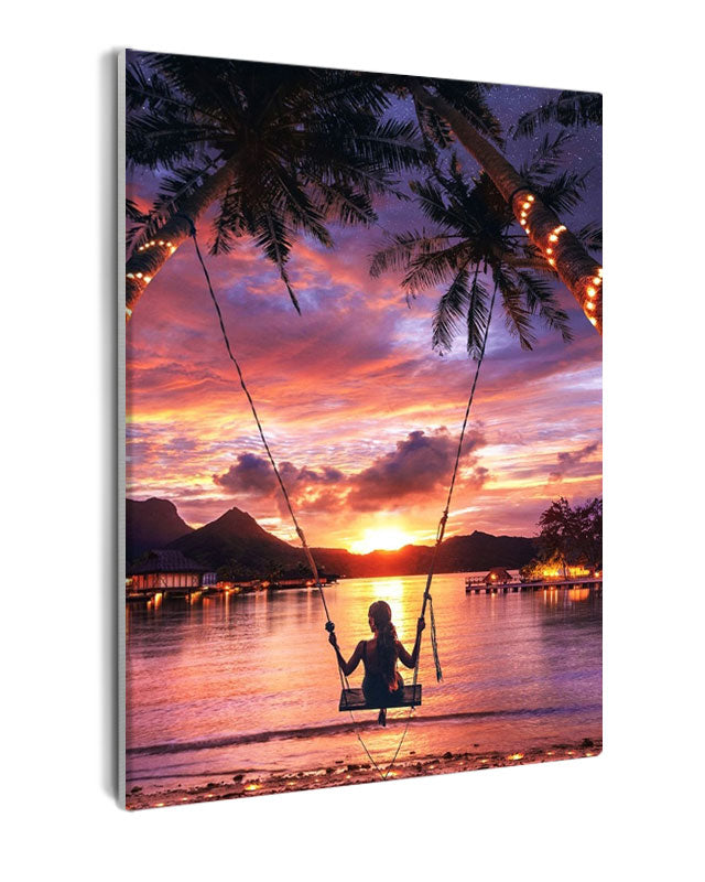 Paint By Numbers - Tranquil Sunset Beach Scene With Silhouetted Swing - Framed- 40x50cm - Arterium