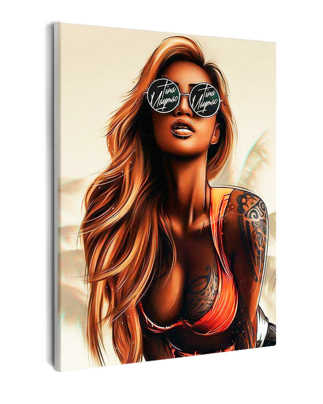Paint By Numbers - Cartoon Woman In Bikini With Sunglasses And Tattoos - Framed- 40x50cm - Arterium