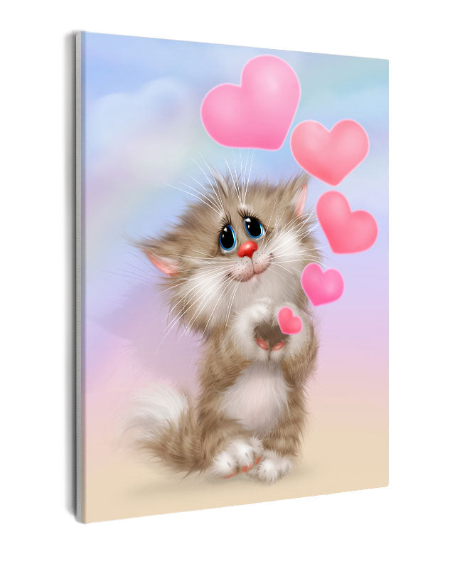 Paint By Numbers - Cartoon Kitten Holding Heart In Vibrant Pink And Blue Gradient Background - Framed- 40x50cm - Arterium
