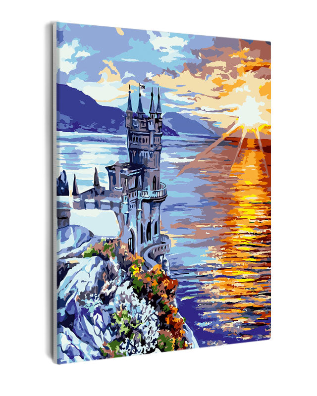 Paint By Numbers - Castle On A Cliff Overlooking A Sunset - Framed- 40x50cm - Arterium