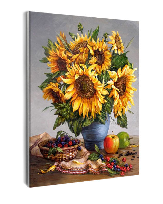 Paint By Numbers - Painting Of Sunflowers In A Blue Vase - Framed- 40x50cm - Arterium