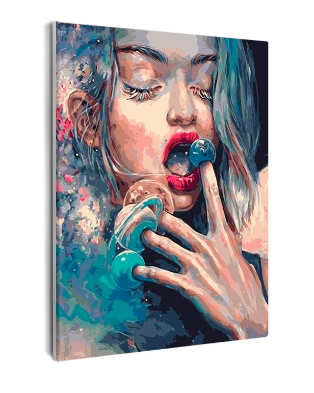 Paint By Numbers - Blonde Woman With Planet-Touched Finger: Celestial Lick In Outer Space - Framed- 40x50cm - Arterium