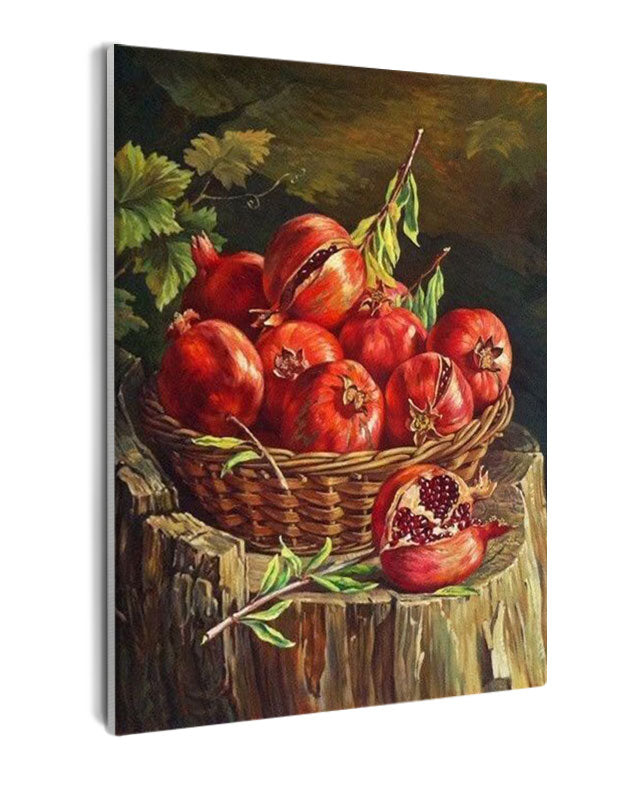 Paint By Numbers - Basket Of Pomegranates On A Tree Stump - Framed- 40x50cm - Arterium