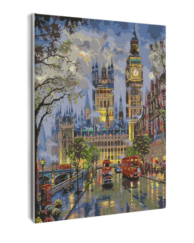 Paint By Numbers - Rainy London: Houses Of Parliament And A Double Decker - Framed- 40x50cm - Arterium