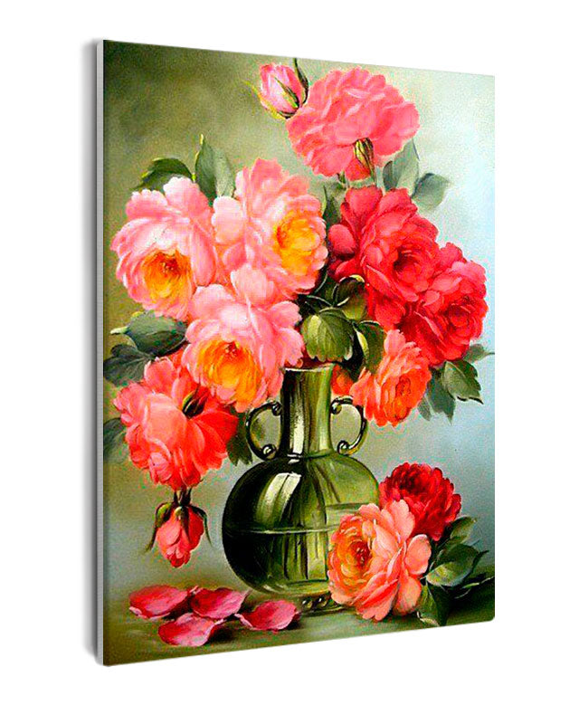 Paint By Numbers - Abundant Pink British Roses In Green Vase Painting - Framed- 40x50cm - Arterium