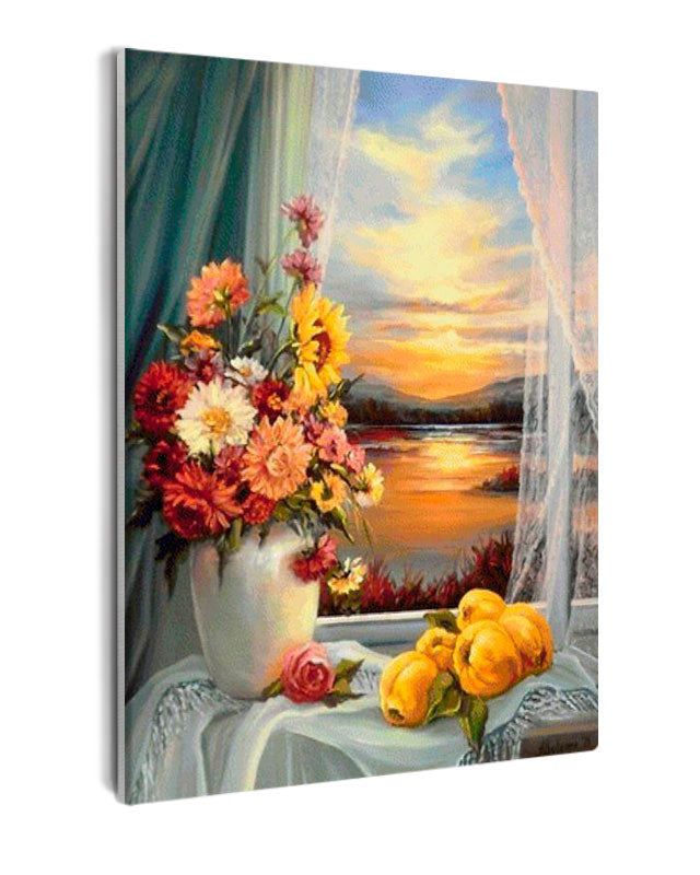 Paint By Numbers - Serene Still Life: A Flower Vase In Sunset - Framed- 40x50cm - Arterium