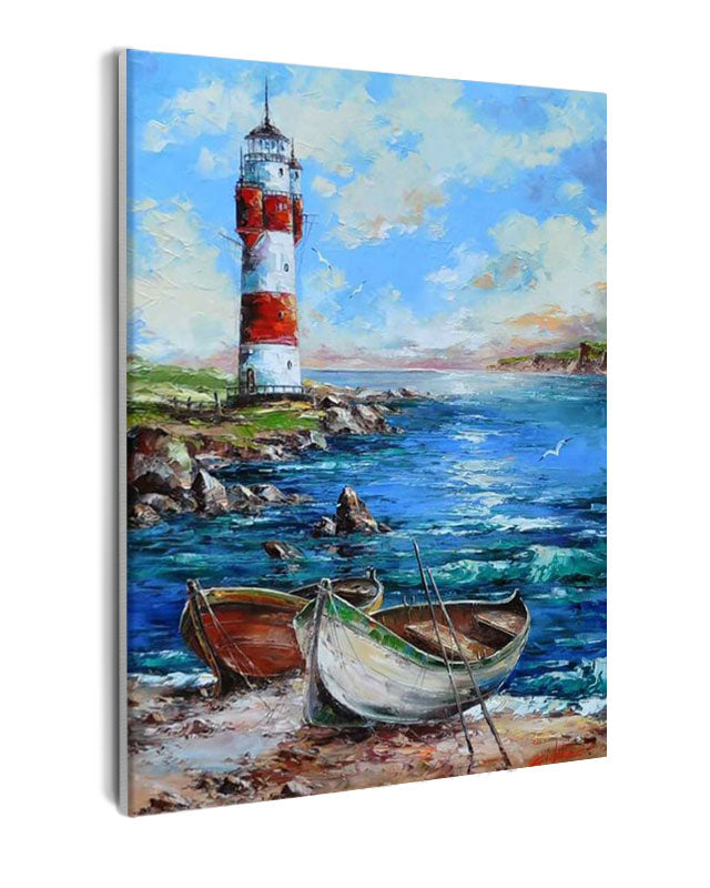 Paint By Numbers - Lighthouse And Boats On A Beach - Framed- 40x50cm - Arterium