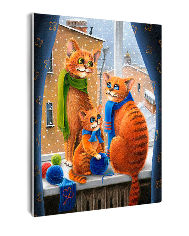Paint By Numbers - Ginger Cat Family On Snowy Windowsill - Framed- 40x50cm - Arterium