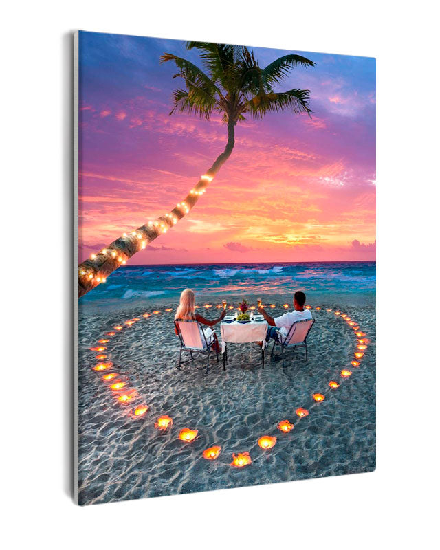 Paint By Numbers - Romantic Beach Dinner: Couple Dines In Heart-Shaped Candlelight - Framed- 40x50cm - Arterium