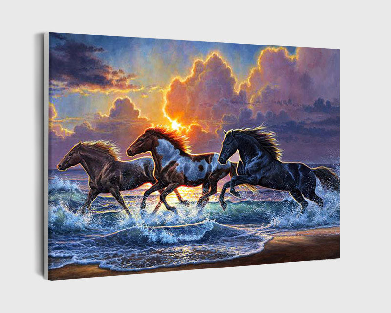 Paint By Numbers - Four Galloping Horses On Beach At Sunset - Framed- 40x50cm - Arterium