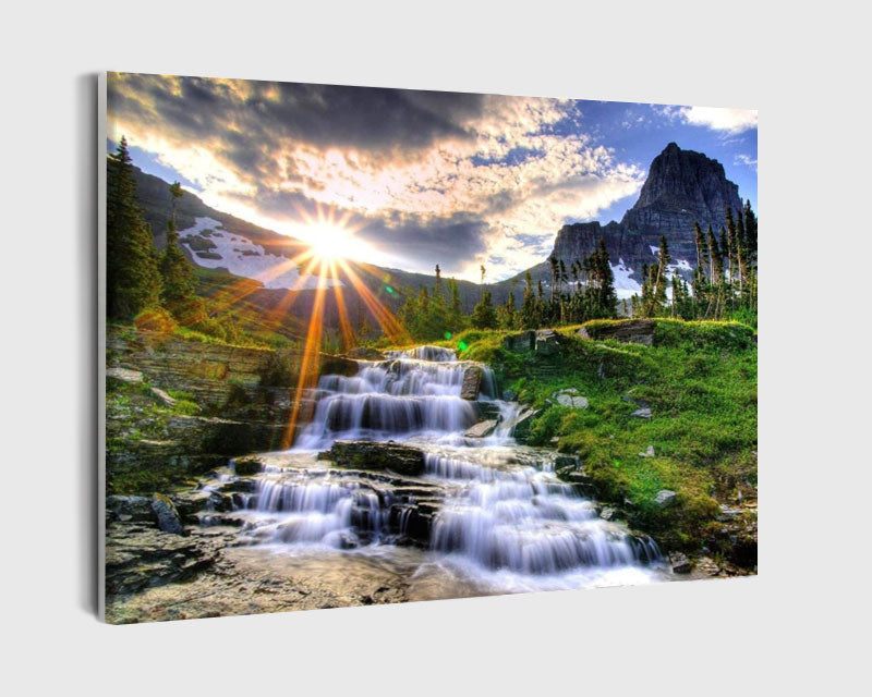 Paint By Numbers - Captivating Natural Landscape: Waterfall, Sunlit Sky, And Mountain - Framed- 40x50cm - Arterium