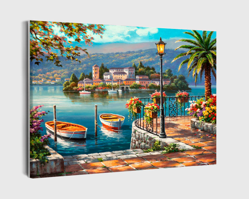 Paint By Numbers - Painting Of Boats On A Lake - Framed- 40x50cm - Arterium
