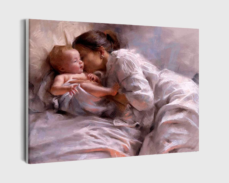 Paint By Numbers - Mother And A Baby In A White Bed - Framed- 40x50cm - Arterium