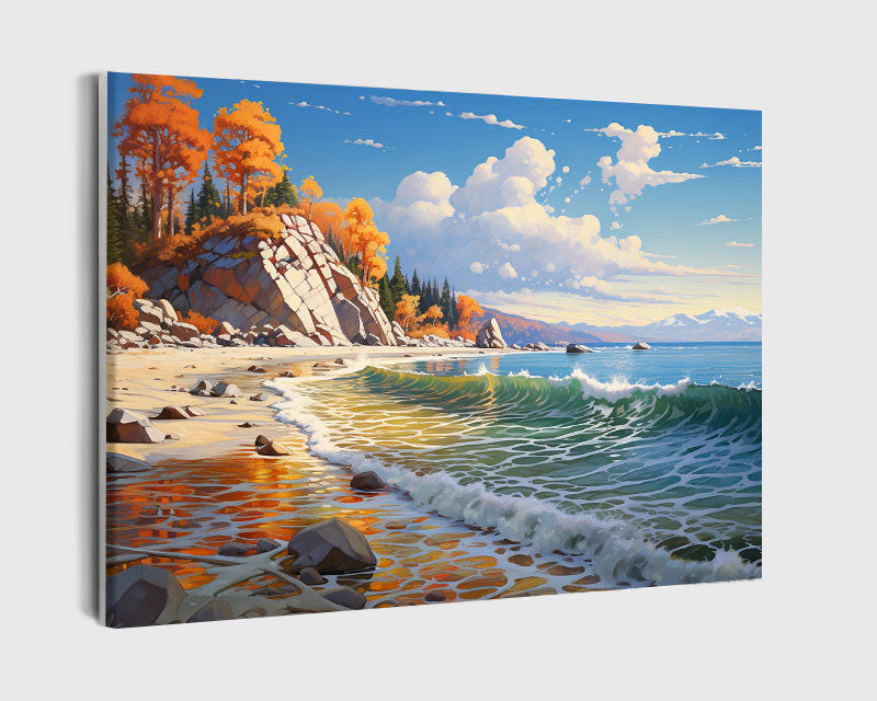 Paint By Numbers - Tranquil Beach Scene: A Painting-Like Depiction Of Autumnal Beauty - Framed- 40x50cm - Arterium