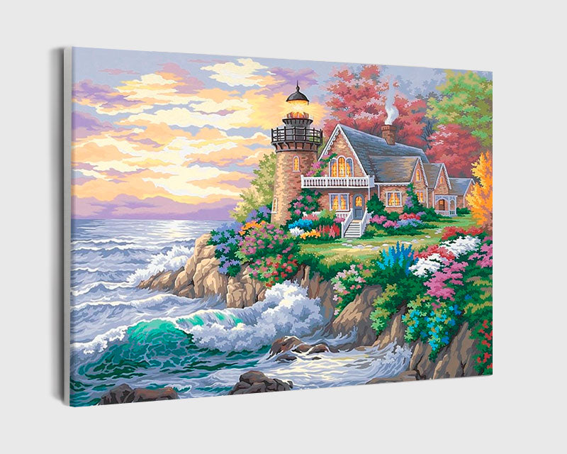 Paint By Numbers - Lighthouse And House Overlooking Sea - Framed- 40x50cm - Arterium