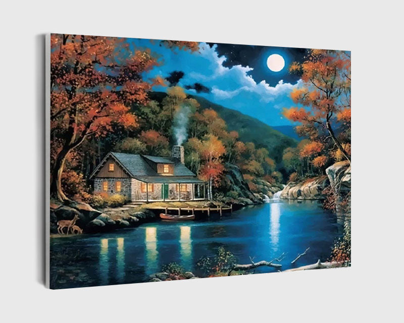 Paint By Numbers - Enchanting Moonlit Waterscape: Serene Night Scene With Vibrant House, Boat, And Reflections - Framed- 40x50cm - Arterium