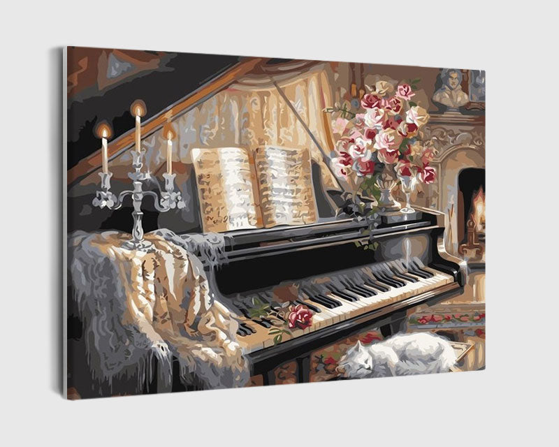 Paint By Numbers - Black Piano With Music Sheet - Framed- 40x50cm - Arterium