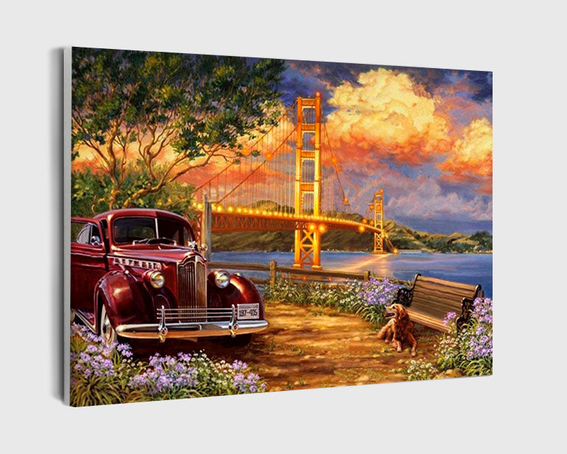 Paint By Numbers - Old Car And A Bridge At Sunset - Framed- 40x50cm - Arterium