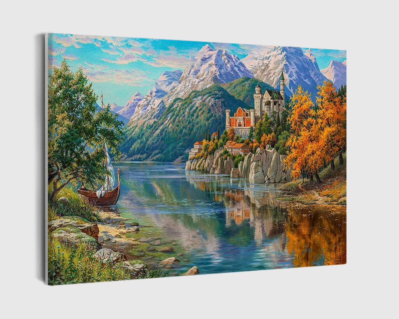Paint By Numbers - Calm River With Orange Tree And Couple Of Houses - Framed- 40x50cm - Arterium