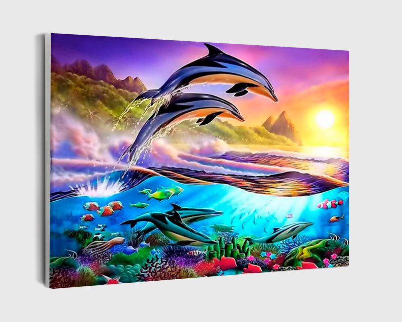Paint By Numbers - Two Dolphins Jumping Out Of Water At Sunset - Framed- 40x50cm - Arterium