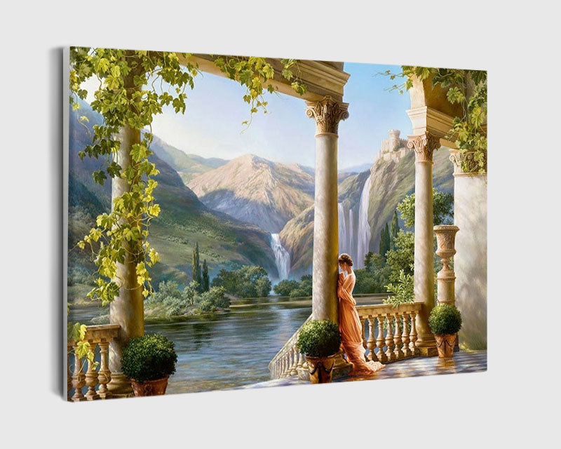 Paint By Numbers - Lady Standing By The Column Looking At The Mountain - Framed- 40x50cm - Arterium