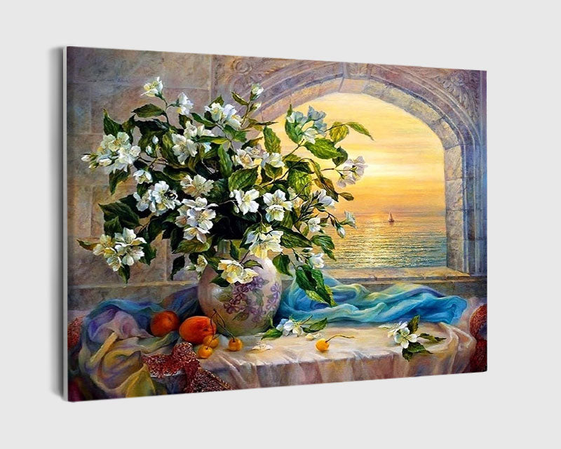 Paint By Numbers - White Flower With A Sunset Through The Window - Framed- 40x50cm - Arterium