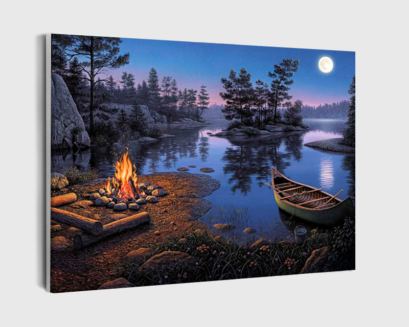 Paint By Numbers - Camping By River At Night - Framed- 40x50cm - Arterium