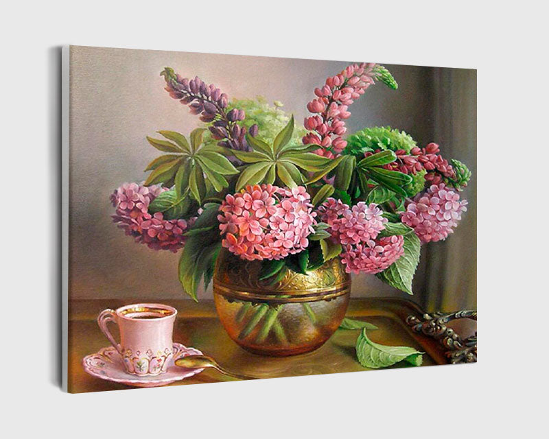 Paint By Numbers - A Vase Of Flowers And A Cup Of Coffee - Framed- 40x50cm - Arterium