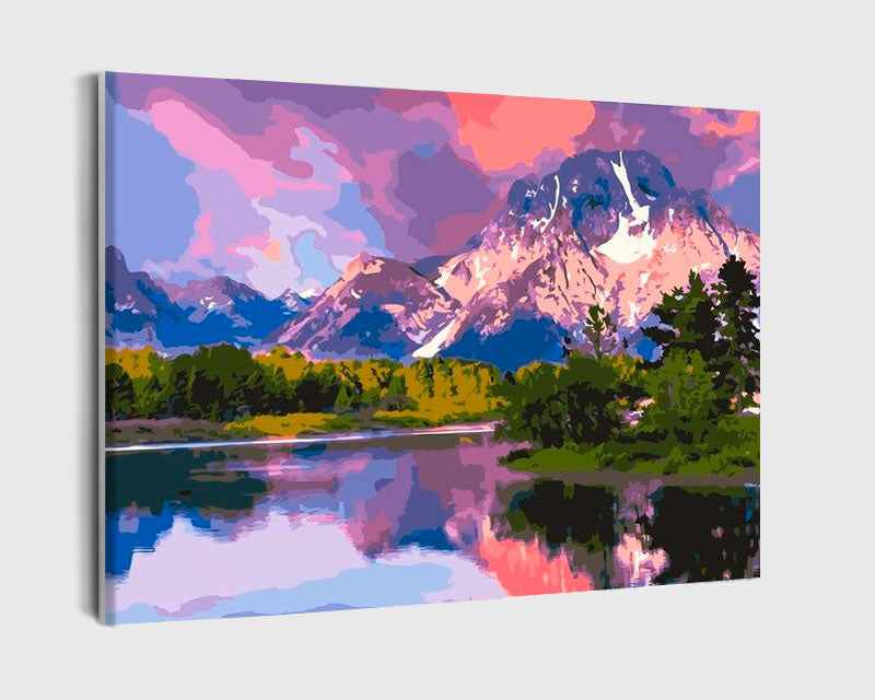 Paint By Numbers - Tranquil Sunset: Majestic Mountain Range Reflected In Calm Lake - Framed- 40x50cm - Arterium