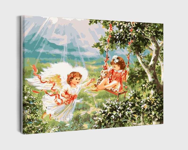 Paint By Numbers - Enchanting Garden Scene: Playful Figures Amidst Sunshine - Framed- 40x50cm - Arterium