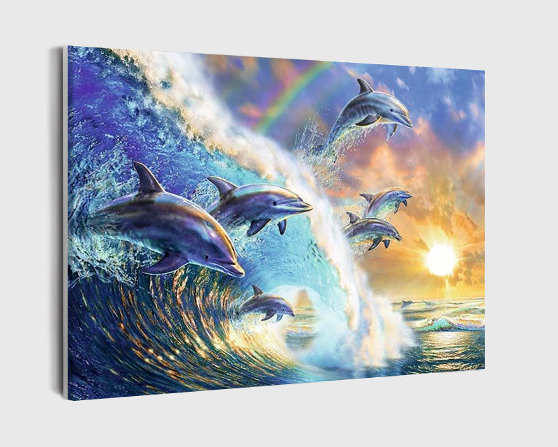 Paint By Numbers - Dolphins Jumping In A Dreamy Sunset - Framed- 40x50cm - Arterium