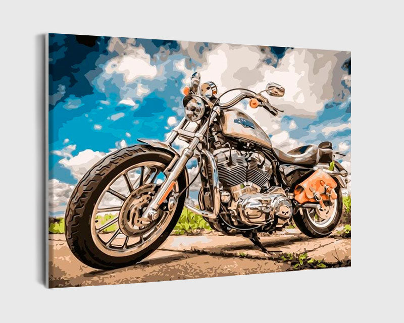 Paint By Numbers - Serene Motorcycle Break: Black And Chrome Bike In Tranquil Natural Setting - Framed- 40x50cm - Arterium