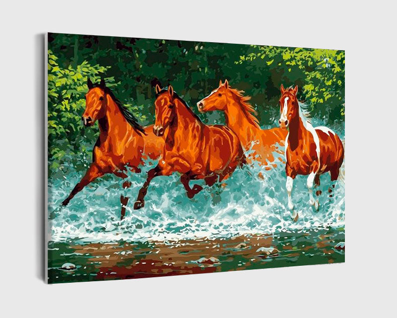 Paint By Numbers - Dynamic Equine Quartet: Majestic Galloping Horses In Motion - Framed- 40x50cm - Arterium