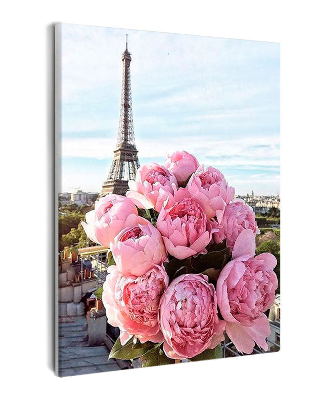 Paint By Numbers - Bouquet In Front Of An Eiffel Tower - Framed- 40x50cm - Arterium