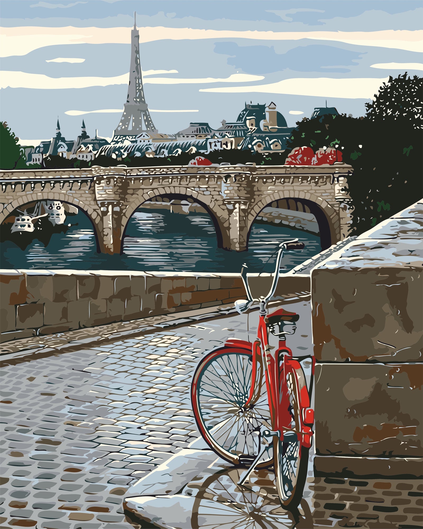 Paint By Numbers - Red Bicycle On A Stone Bridge In Paris - Framed- 40x50cm - Arterium