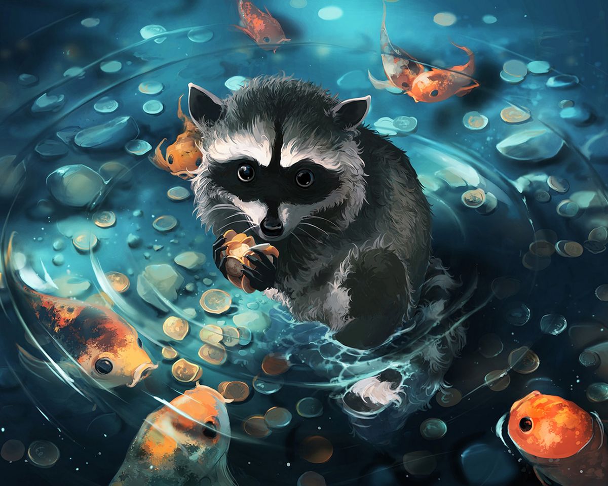 Paint By Numbers - Racoon In Water Surrounded By Goldfish - Framed- 40x50cm - Arterium