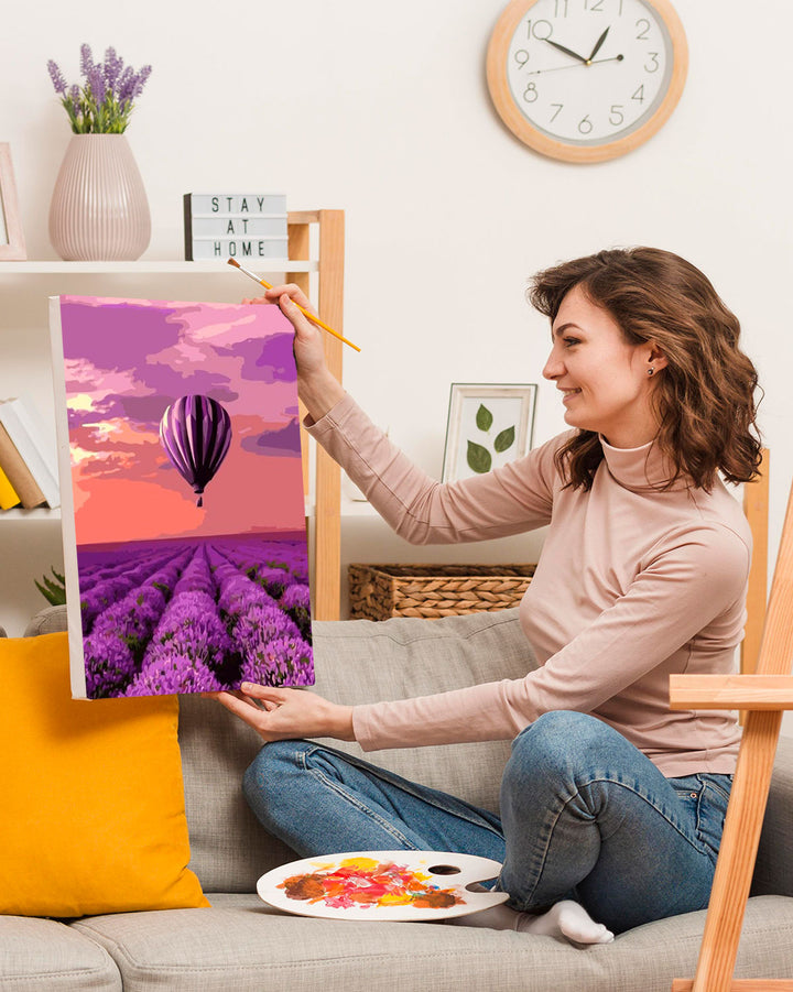 Paint By Numbers - Violet Hot Balloon Over Lavender Field - Framed- 40x50cm - Arterium 